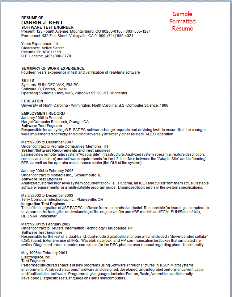 Image of a sample resume from C.E. Publications